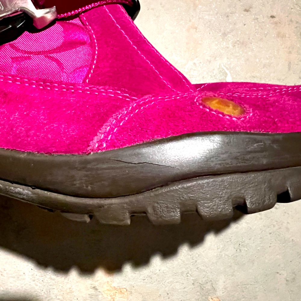 Coach Hot Pink suede snow boots ,imperfection on outer right boot by rubber